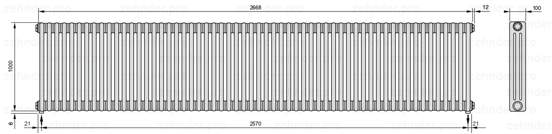 Схема (чертеж) Радиатор Zehnder Charleston 3100/58 №5310 Белый глянцевый RAL 9016